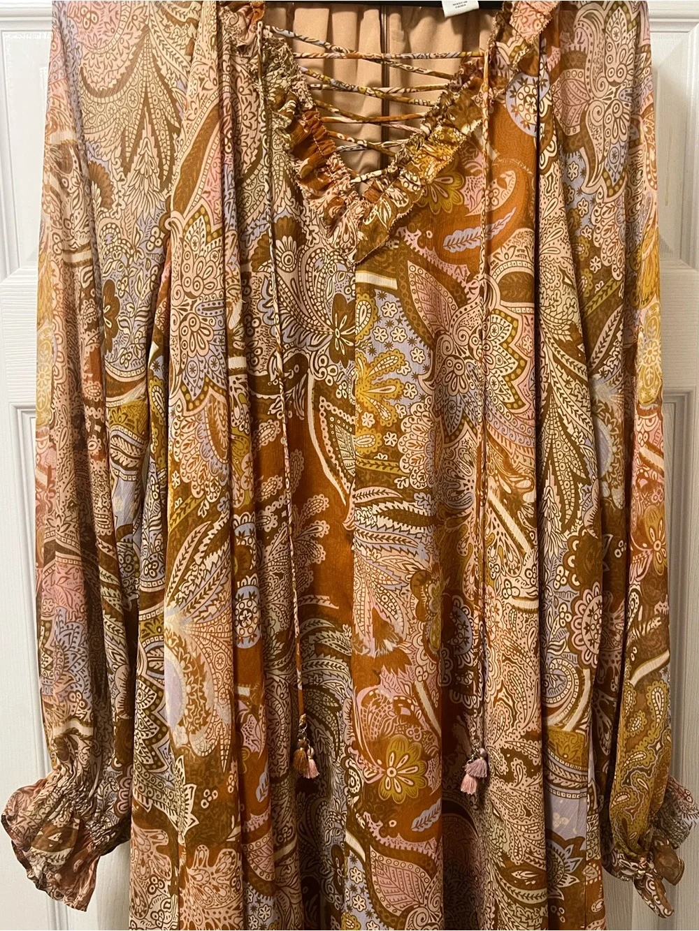 Haute Hippie Paisley Lace-Up Long Sleeve Dress in Rust and Pink
